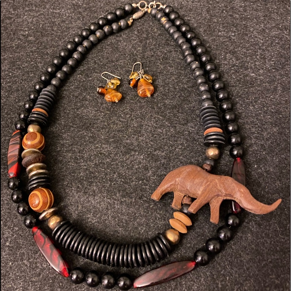 Two wooden pendant and beads statement necklaces with matching earrings
